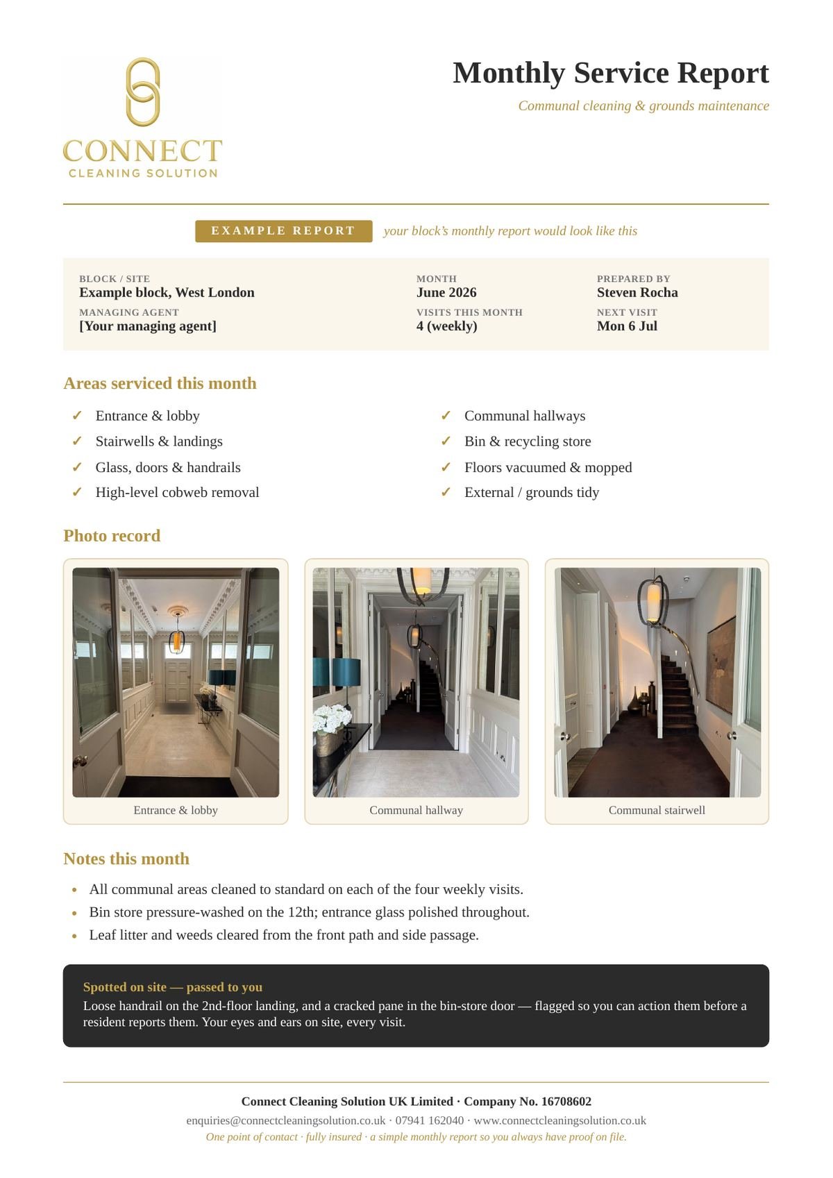 Example monthly photo report from Connect Cleaning Solution showing areas serviced, dated photos of a communal lobby, hallway and stairwell, cleaning notes and issues flagged to the managing agent